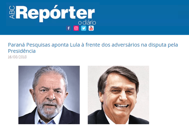 Jornal ABC Repórter divulga pesquisa nacional realizado pela Paraná Pesquisas sobre a disputa eleitoral para Presidente do Brasil