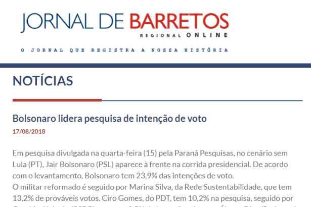 Jornal de Barretos divulga pesquisa nacional realizado pela Paraná Pesquisas sobre a disputa eleitoral para Presidente do Brasil
