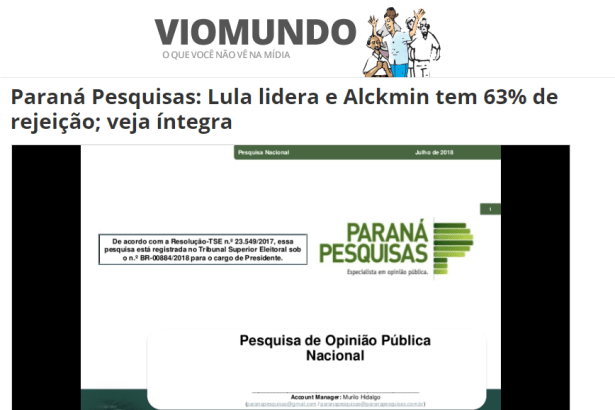 Portal Vi O Mundo divulga pesquisa nacional realizado pela Paraná Pesquisas sobre a disputa eleitoral para Presidente do Brasil