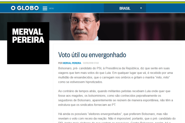 Colunista Merval Pereira cita pesquisa do Paraná Pesquisas em sua coluna
