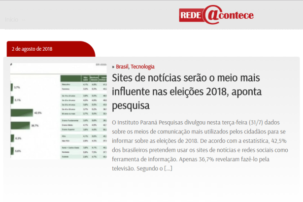 Rede Acontece divulga pesquisa nacional realizado pela Paraná Pesquisas sobre meios utilizados para se informar sobre as eleições