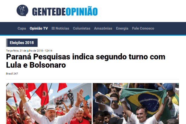 Gente de Opinião divulga pesquisa nacional realizado pela Paraná Pesquisas sobre a disputa eleitoral para Presidente do Brasil