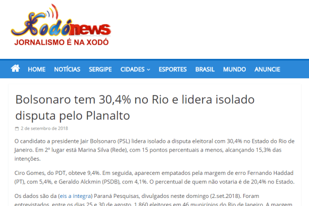Portal Xodó News cita pesquisa realizada pela Paraná Pesquisas