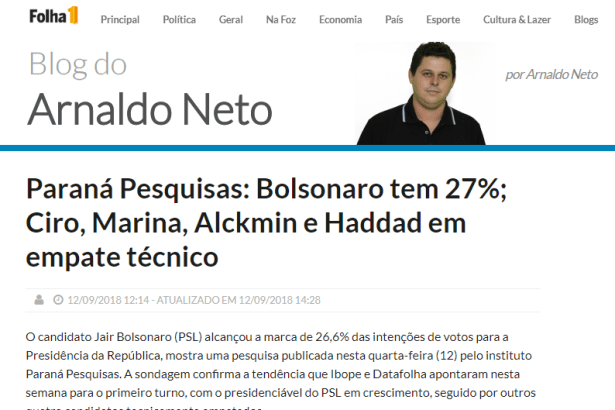 Folha 1 - Blog do Arnaldo Neto divulga pesquisa nacional realizado pela Paraná Pesquisas sobre a disputa eleitoral para Presidente do Brasil