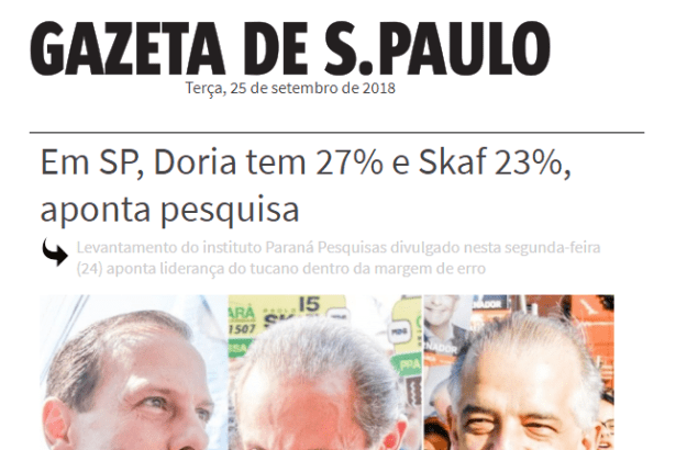 Gazeta de São Paulo divulga pesquisa realizada no Estado de São Paulo sobre a disputa eleitoral para Governador