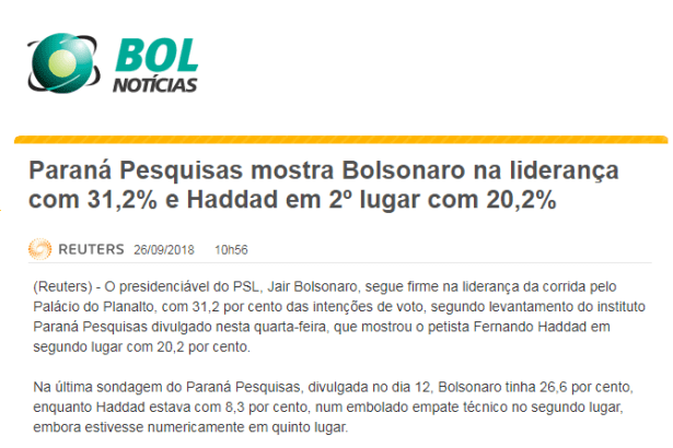 Bol Notícias divulga pesquisa nacional realizado pela Paraná Pesquisas sobre a disputa eleitoral para Presidente do Brasil