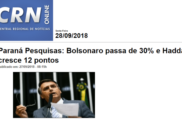 Portal CRN Online 1 divulga pesquisa nacional realizado pela Paraná Pesquisas sobre a disputa eleitoral para Presidente do Brasil