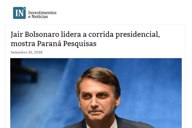 Investimentos e Notícias divulga pesquisa nacional realizado pela Paraná Pesquisas sobre a disputa eleitoral para Presidente do Brasil