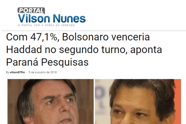 Portal Vilson Nunes divulga pesquisa nacional realizado pela Paraná Pesquisas sobre um eventual segundo turno para Presidente do Brasil
