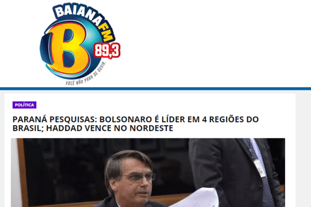 Rádio Baiana FM divulga pesquisa nacional realizado pela Paraná Pesquisas sobre a disputa eleitoral para Presidente do Brasil