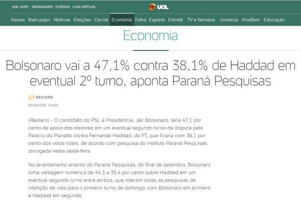 UOL Economia divulga pesquisa realizada pela Paraná Pesquisas