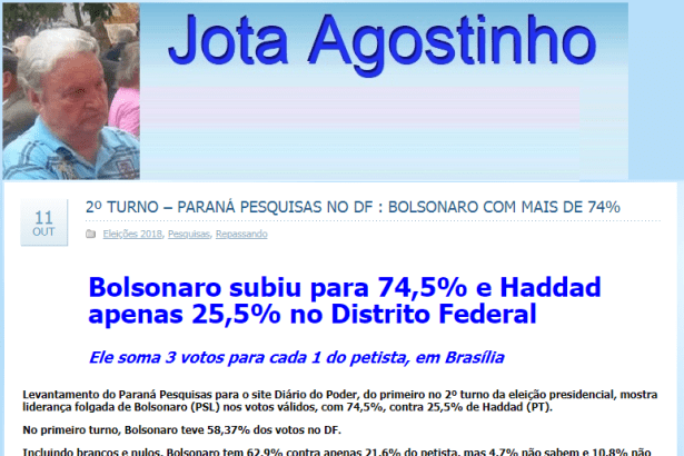 Portal Jota Agostinho divulga pesquisa realizado no Distrito Federal sobre o SEGUNDO TURNO das eleições para Presidente do Brasil