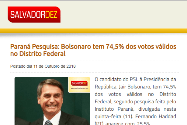 Portal Salvador Dez divulga pesquisa realizado no Distrito Federal sobre o SEGUNDO TURNO das eleições para Presidente do Brasil