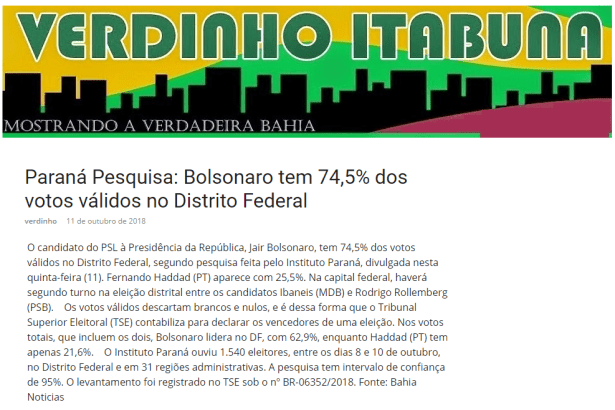Blog Verdinho Itabuna divulga pesquisa realizado no Distrito Federal sobre o SEGUNDO TURNO das eleições para Presidente do Brasil