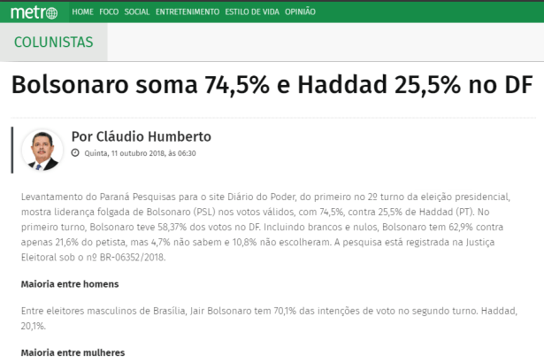 Jornal Metro - Cláudio Humberto divulga pesquisa realizado no Distrito Federal sobre o SEGUNDO TURNO das eleições para Presidente do Brasil