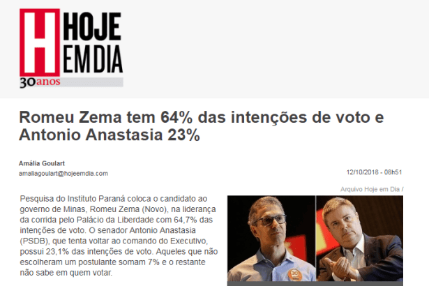 Portal Hoje Em Dia divulga pesquisa realizado no Estado de Minas Gerais sobre o SEGUNDO TURNO das eleições para Governador