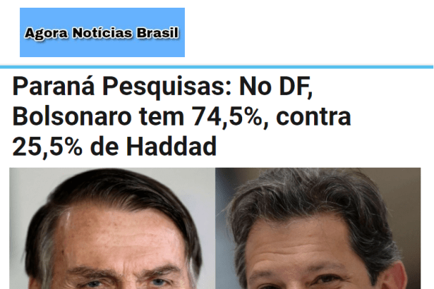 Agora Notícias Brasil divulga pesquisa realizado no Distrito Federal sobre o SEGUNDO TURNO das eleições para Presidente do Brasil