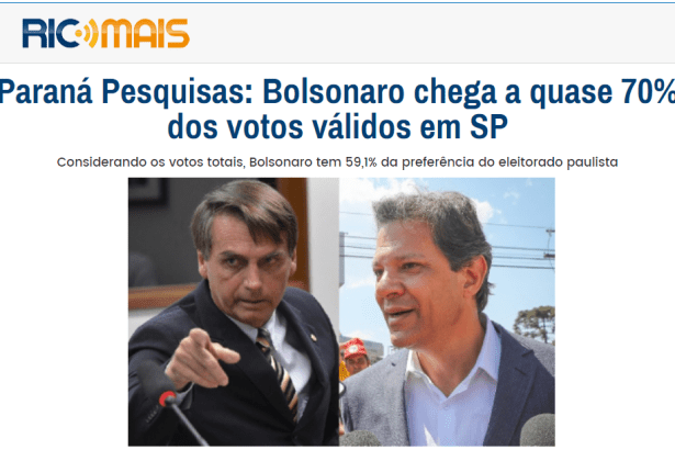 Portal RIC MAIS - Eleições 2018 divulga pesquisa realizado no Estado de São Paulo sobre o SEGUNDO TURNO das eleições para Presidente do Brasil