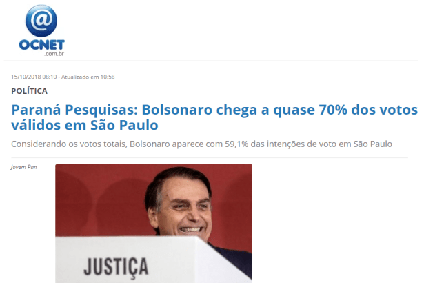 Portal OCNET divulga pesquisa realizado no Estado de São Paulo sobre o SEGUNDO TURNO das eleições para Presidente do Brasil