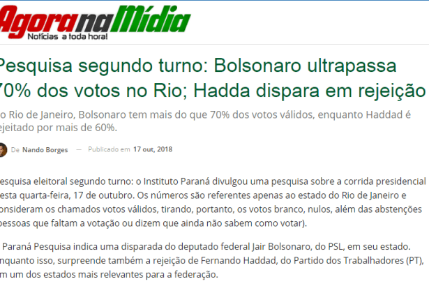 Portal Agora na Mídia divulga pesquisa realizado no Estado do Rio de Janeiro sobre o SEGUNDO TURNO das eleições para Presidente do Brasil