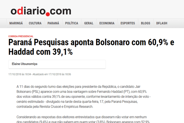 Portal O Diário.com divulga pesquisa nacional sobre o SEGUNDO TURNO das eleições para Presidente do Brasil