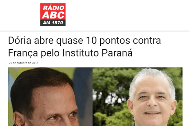 Rádio ABC divulga pesquisa realizado no Estado de São Paulo sobre o SEGUNDO TURNO das eleições para Governador