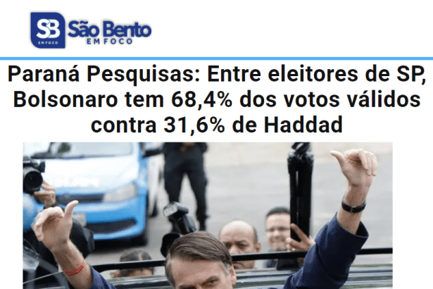 São Bento em Foco divulga pesquisa realizado no Estado de São Paulo sobre o SEGUNDO TURNO das eleições para Presidente do Brasil