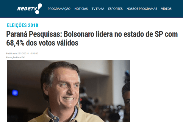 Rede TV - Eleições 2018 divulga pesquisa realizado no Estado de São Paulo sobre o SEGUNDO TURNO das eleições para Presidente do Brasil