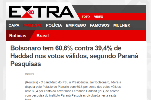 Portal Extra divulga pesquisa nacional sobre o SEGUNDO TURNO das eleições para Presidente do Brasil