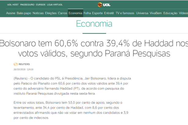 Portal UOL Economia divulga pesquisa nacional sobre o SEGUNDO TURNO das eleições para Presidente do Brasil