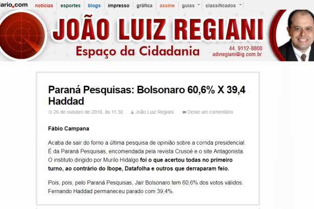O Diário.com - João Regiani divulga pesquisa nacional sobre o SEGUNDO TURNO das eleições para Presidente do Brasil