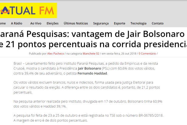 Portal Atual FM divulga pesquisa nacional sobre o SEGUNDO TURNO das eleições para Presidente do Brasil
