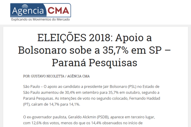 Agência CMA divulga pesquisa realizada no Estado de São Paulo sobre a disputa eleitoral para Presidente do Brasil
