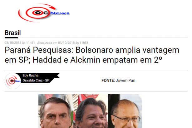 Portal OCNEWS divulga pesquisa realizada no Estado de São Paulo sobre a disputa eleitoral para Presidente do Brasil