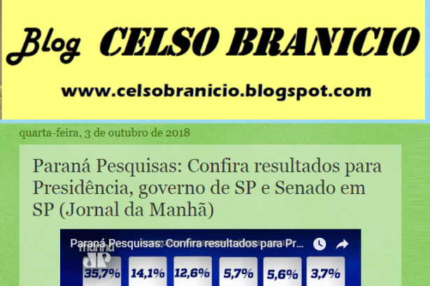 Blog Celso Branicio divulga pesquisa realizado pela Paraná Pesquisas no Estado de São Paulo