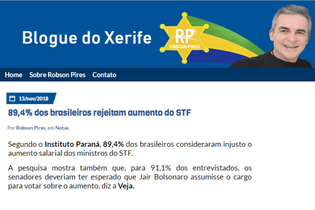 Blog do Xerife divulga pesquisa nacional sobre o aumento de salário dos Ministros do Supremo Tribunal Federal