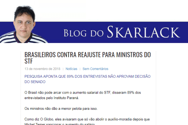 Blog do Skarlack divulga pesquisa nacional sobre o aumento de salário dos Ministros do Supremo Tribunal Federal