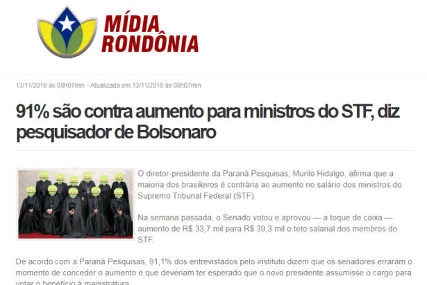 Mídia Rondônia divulga pesquisa nacional sobre o aumento de salário dos Ministros do Supremo Tribunal Federal