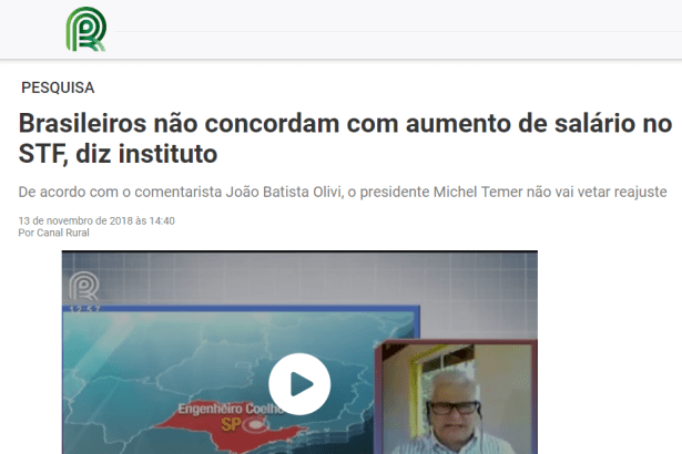 Canal Rural divulga pesquisa nacional sobre o aumento de salário dos Ministros do Supremo Tribunal Federal
