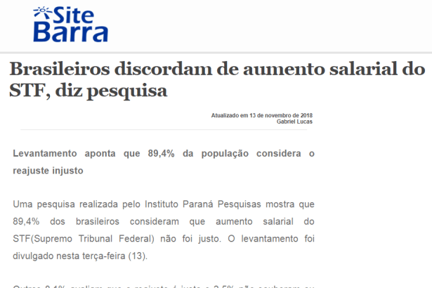 Portal Site Barra divulga pesquisa nacional sobre o aumento de salário dos Ministros do Supremo Tribunal Federal