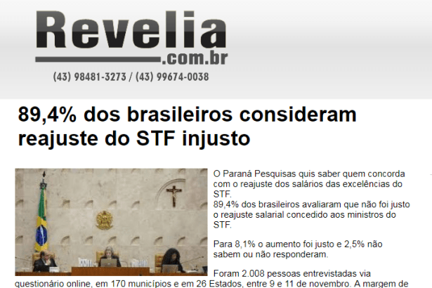 Portal Revelia divulga pesquisa nacional sobre o aumento de salário dos Ministros do Supremo Tribunal Federal