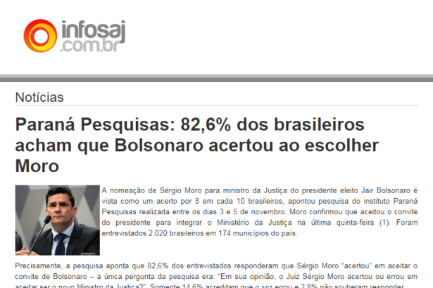 Portal Infosaj.com.br divulga pesquisa nacional sobre a nomeação do Juiz Sérgio Moro para o Ministério da Justiça