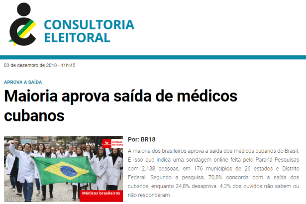 Consultoria Eleitoral divulga pesquisa nacional sobre a saída dos(as) médicos(as) cubanos(as) do Brasil