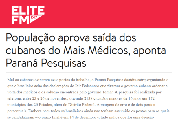 Elite FM divulga pesquisa nacional sobre a saída dos(as) médicos(as) cubanos(as) do Brasil