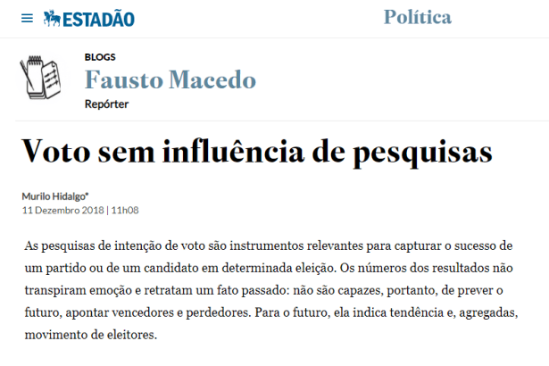 O Estadão cita entrevista realizada com o Diretor do Instituto Paraná Pesquisas