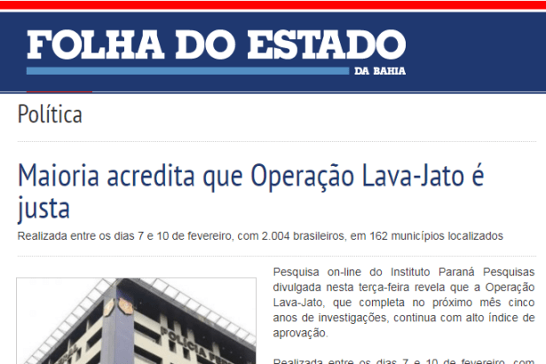 Jornal Folha do Estado da Bahia divulga pesquisa nacional com a percepção do Brasileiro sobre a Operação Lava Jato