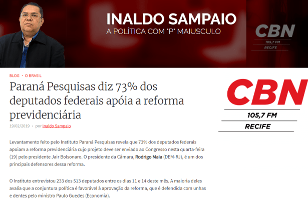 Blog Inaldo Sampaio divulga pesquisa realizada junto aos Parlamentares da Câmara dos Deputados sobre a Reforma da Previdência