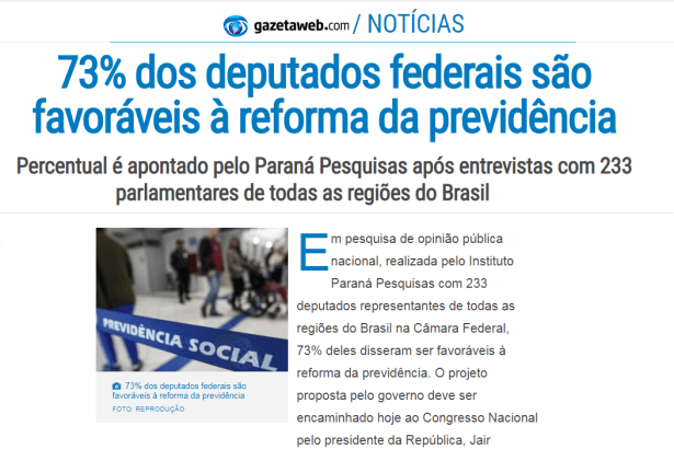 Gazetaweb.com - Notícias divulga pesquisa realizada junto aos Parlamentares da Câmara dos Deputados sobre a Reforma da Previdência
