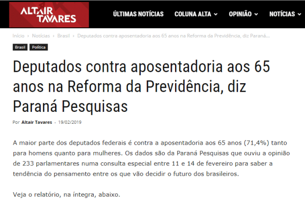 Altair Tavares divulga pesquisa realizada junto aos Parlamentares da Câmara dos Deputados sobre a Reforma da Previdência