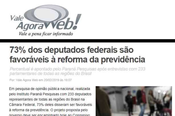 Vale Agora Web divulga pesquisa realizada junto aos Parlamentares da Câmara dos Deputados sobre a Reforma da Previdência